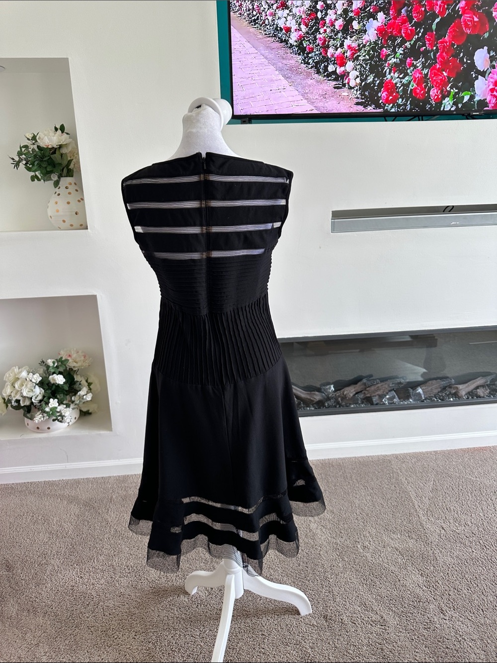 Tadashi Shoji Black Sheer-Striped Midi Dress - Picture 5 of 6